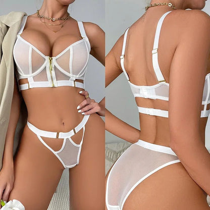 Ensemble de Lingerie Sexy avec String et Soutien - Gorge Push - Up Transparent - Plaisirs Divins