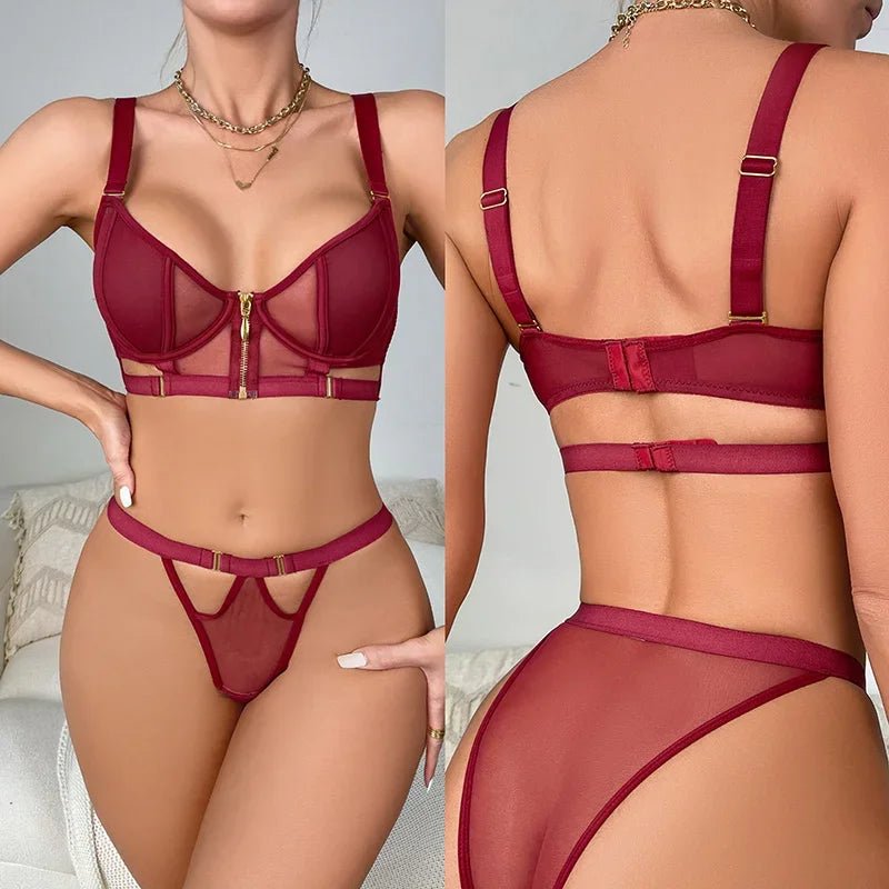 Ensemble de Lingerie Sexy avec String et Soutien - Gorge Push - Up Transparent - Plaisirs Divins