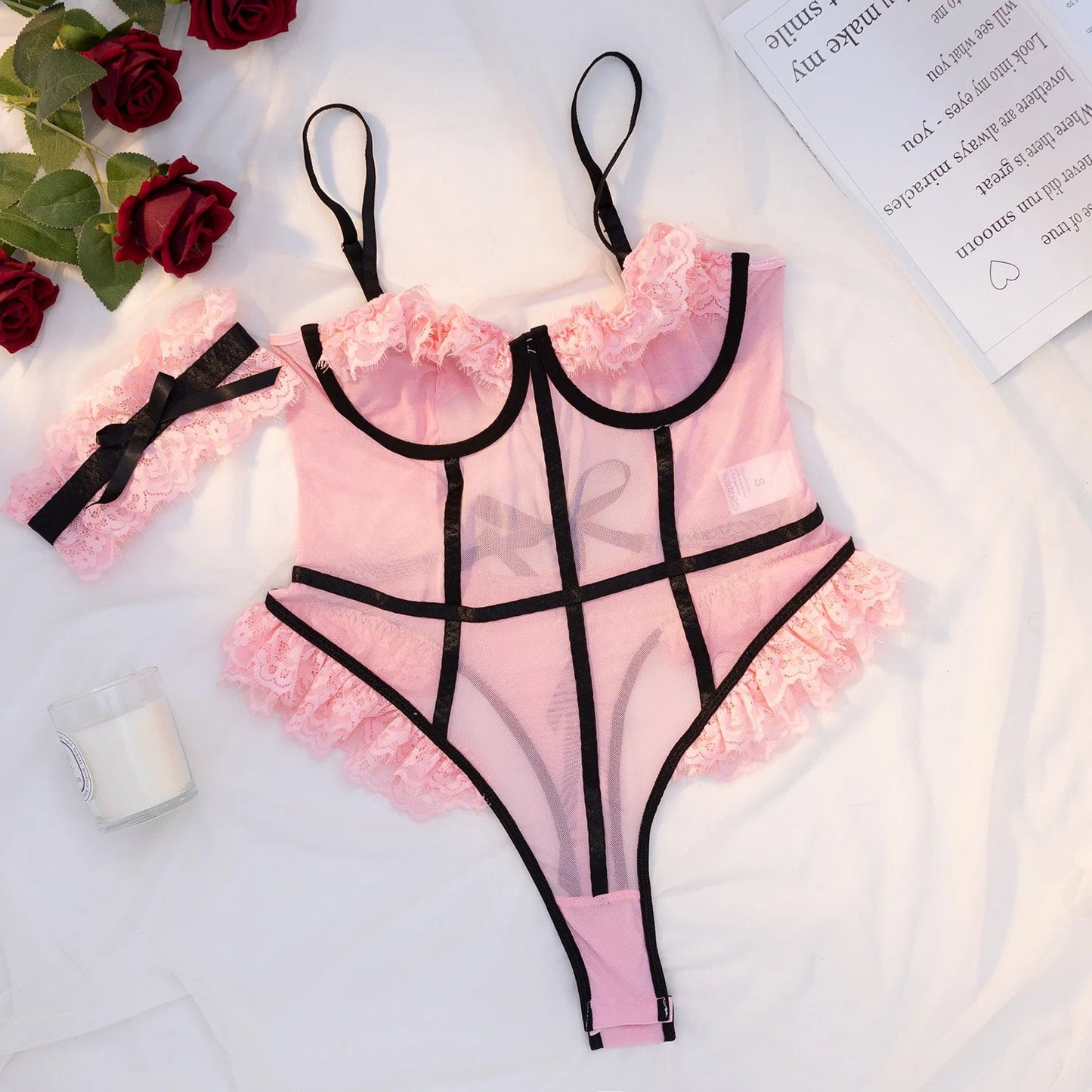 Ensemble de Lingerie Sexy Transparent pour Femme avec Dentelle - Plaisirs Divins