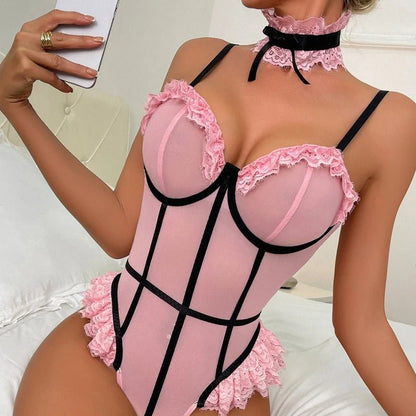 Ensemble de Lingerie Sexy Transparent pour Femme avec Dentelle - Plaisirs Divins